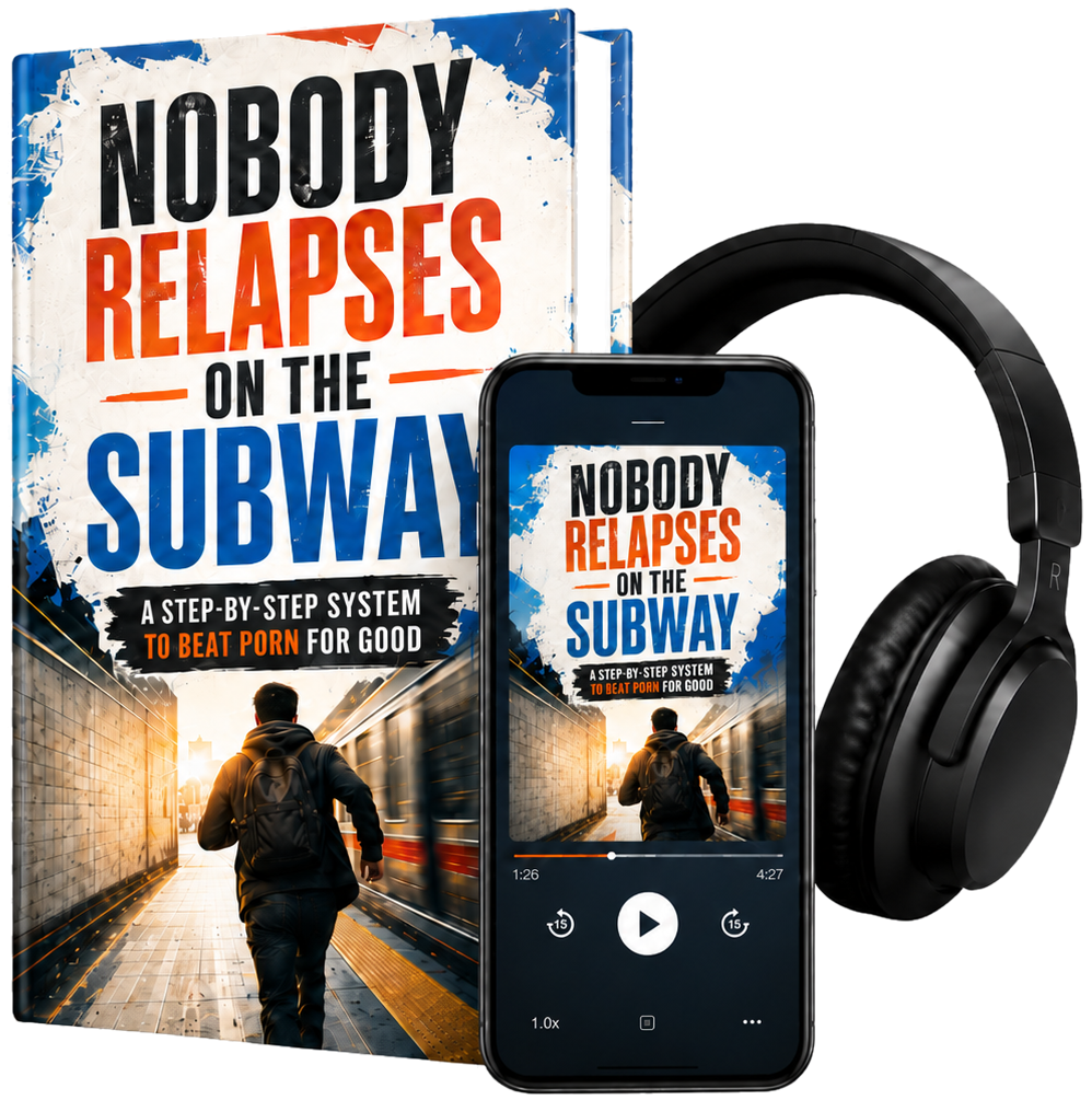 Nobody Relapses on the Subway — book, audiobook on phone, and headphones